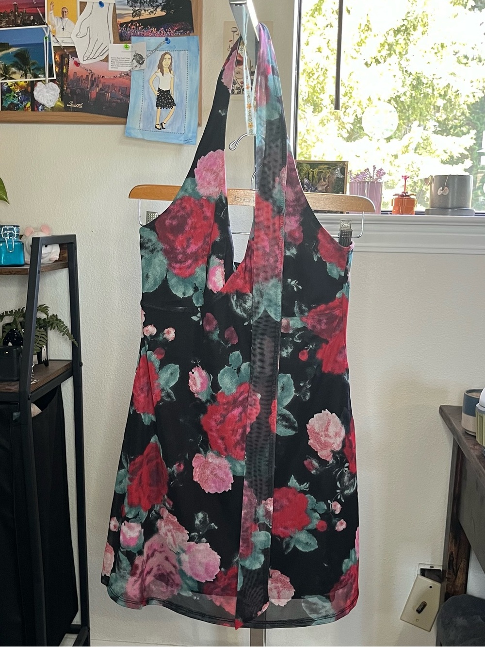 Black Floral Halter Dress with Red and Pink Roses